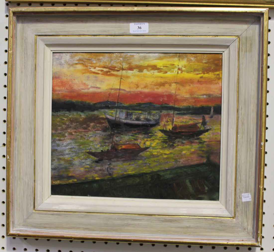 Herbert Holt - Bermudan Boat Scene at Sunset, oil on board, signed, approx 30cm x 35.5cm, within a