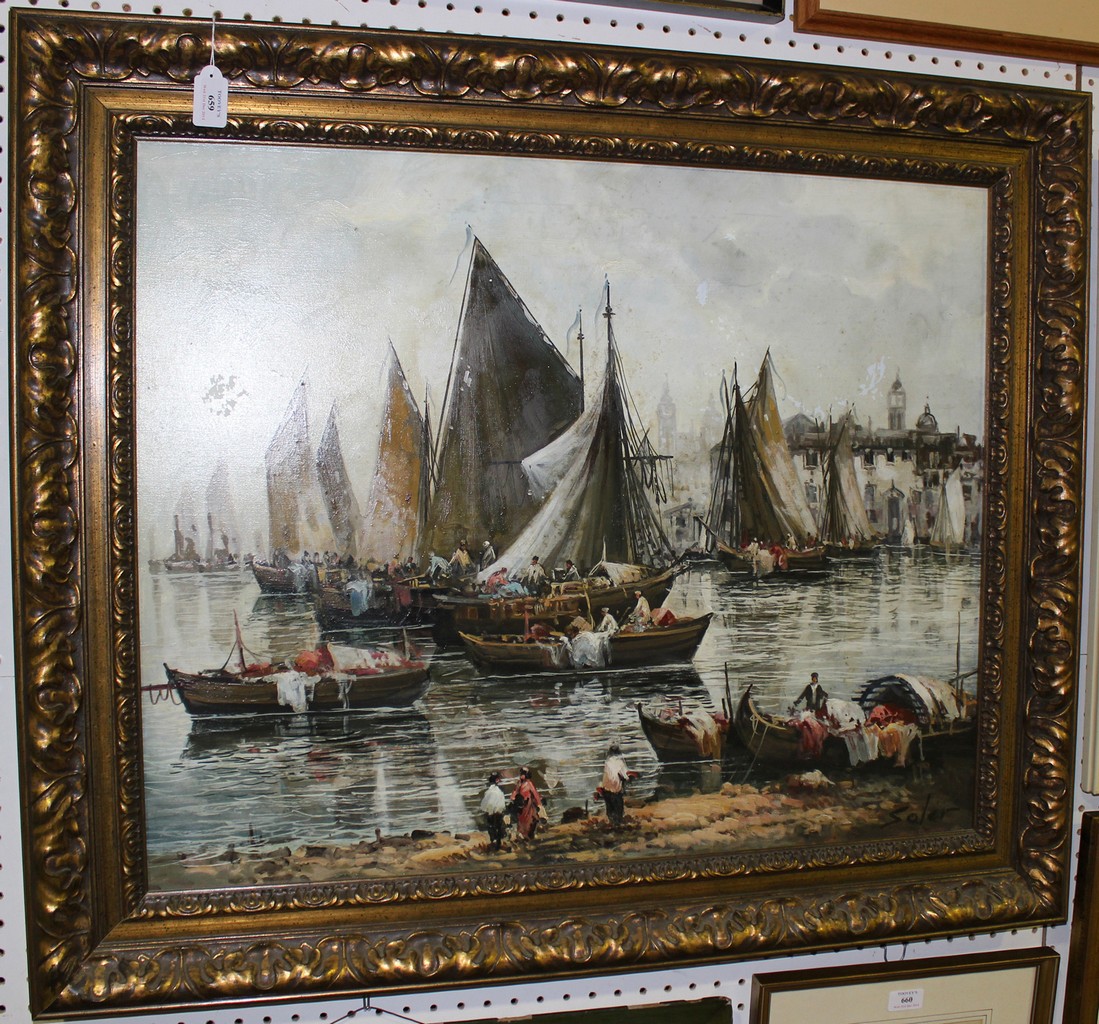 Salër, Spanish School - Harbour Scene with Merchants in Boats, 20th Century oil on canvas, signed,