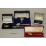 A silver christening egg cup and spoon, Birmingham 1987, boxed, a silver and mother-of-pearl