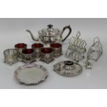 A set of six Victorian plated octagonal salts with pierced lattice decoration and beaded rims, on