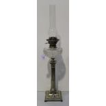 A late Victorian plated Corinthian column table oil lamp base, fitted with a clear cut glass