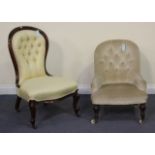 A Victorian mahogany showframe lady's salon chair with a buttoned back, upholstered in yellow