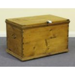 A late 19th/early 20th Century pine trunk, fitted with a hinged lid and carrying handles, height