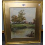 Fred Miller - Woman at a Duckpond, a Farmstead beyond, watercolour and gouache, signed, approx