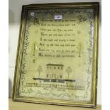 A George IV needlework sampler by Mary Fairchild, 1821, the verse above a country house and