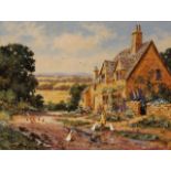 Richard Telford - Figure feeding Geese outside a Cottage, oil on canvas, signed, approx 29cm x 39cm,