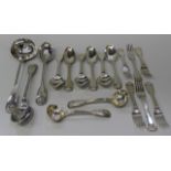 A part canteen of George IV silver Fiddle, Thread and Shell pattern cutlery, comprising soup