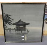 A set of three Japanese printed and coloured fabric panels of landscape views, each approx 65cm x