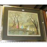 After Helen Bradley - Figures near a Pond, 20th Century colour print, signed in pencil, approx