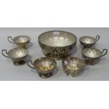 A Mappin & Webb plated dessert set with pierced foliate and diamond shaped decoration, comprising