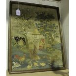 A 19th Century needlework panel of a farmstead with a man attempting to stop a dog attacking some