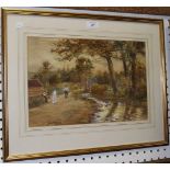 Joseph Jobling - Figures on a Riverside Lane, watercolour with gouache, signed, approx 25cm x