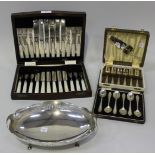 A set of six silver teaspoons, Birmingham 1934, cased, a set of twelve plated and mother-of-pearl