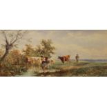 Henry Earp Senior - Landscapes with Cattle watering, a pair of watercolours with gouache, both