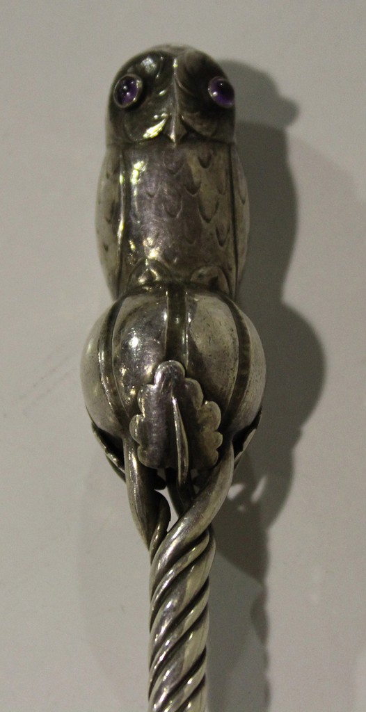 A Georg Jensen sterling silver serving spoon, shape number 39, the terminal formed as an owl with - Image 3 of 5