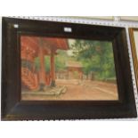 K. Numabe - View of a Temple, watercolour, signed, approx 32cm x 49.5cm, within an oak frame of wide