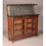 A Regency rosewood and brass inlaid chiffonier, the shelf back with a pierced brass gallery and