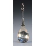 A Georg Jensen sterling silver serving spoon, shape number 39, the terminal formed as an owl with