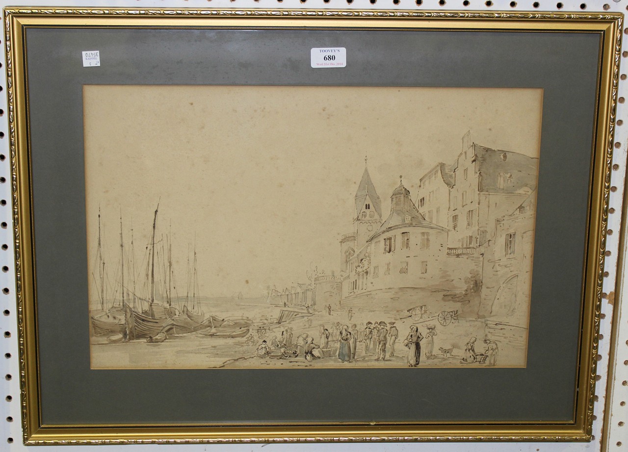 An early 19th Century monochrome watercolour, View of Cologne Harbour, Germany, approx 32cm x