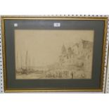 An early 19th Century monochrome watercolour, View of Cologne Harbour, Germany, approx 32cm x