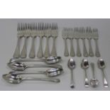 A set of six George III silver bright cut table forks and three matching dessert forks, London