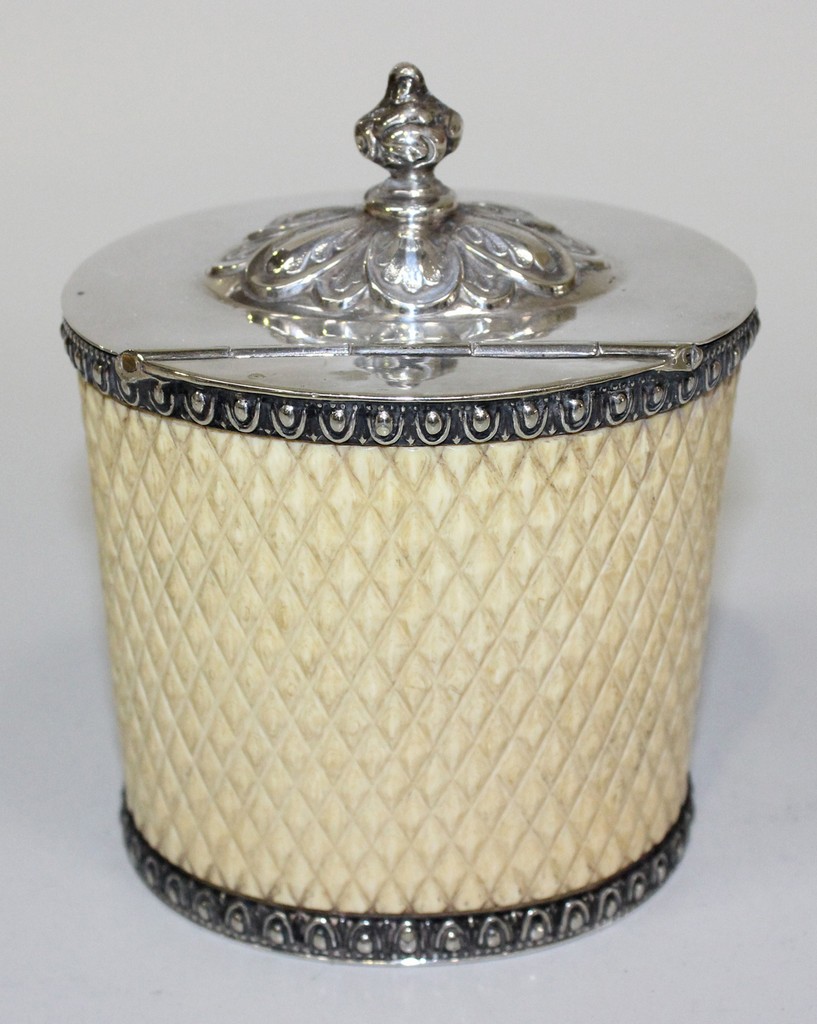 A mid-Victorian carved ivory and plate mounted tea caddy of oval section, the hinged lid with a - Image 3 of 4