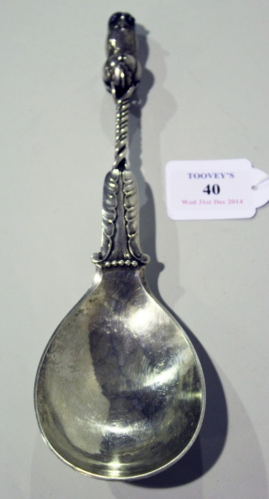 A Georg Jensen sterling silver serving spoon, shape number 39, the terminal formed as an owl with - Image 2 of 5