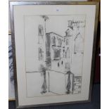 Erik Jensen - Venetian View, charcoal, signed and dated 1985, approx 57.5cm x 39.5cm, within a