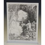 After Rembrandt - Figures at the Tomb, 19th Century monochrome etching, approx 14.5cm x 11cm,