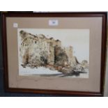 David Barber - View of a Ruined Castle, 20th Century sepia watercolour, signed and dated '84, approx