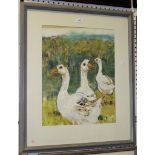 Alison Milner-Gulland - 'Three Geese', late 20th Century mixed media, signed and titled label verso,