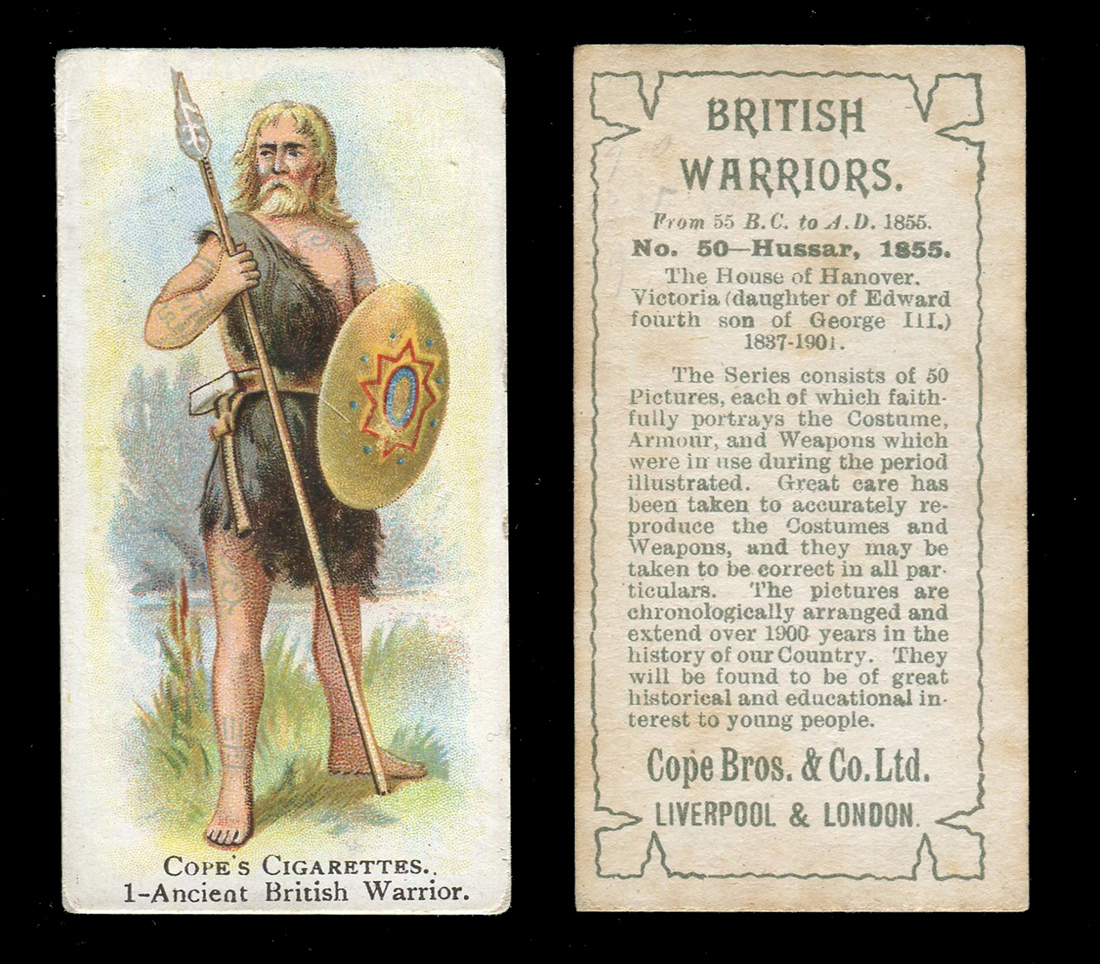 A set of 50 Cope Bros `British Warriors (black printing)` cigarette cards, circa 1912.