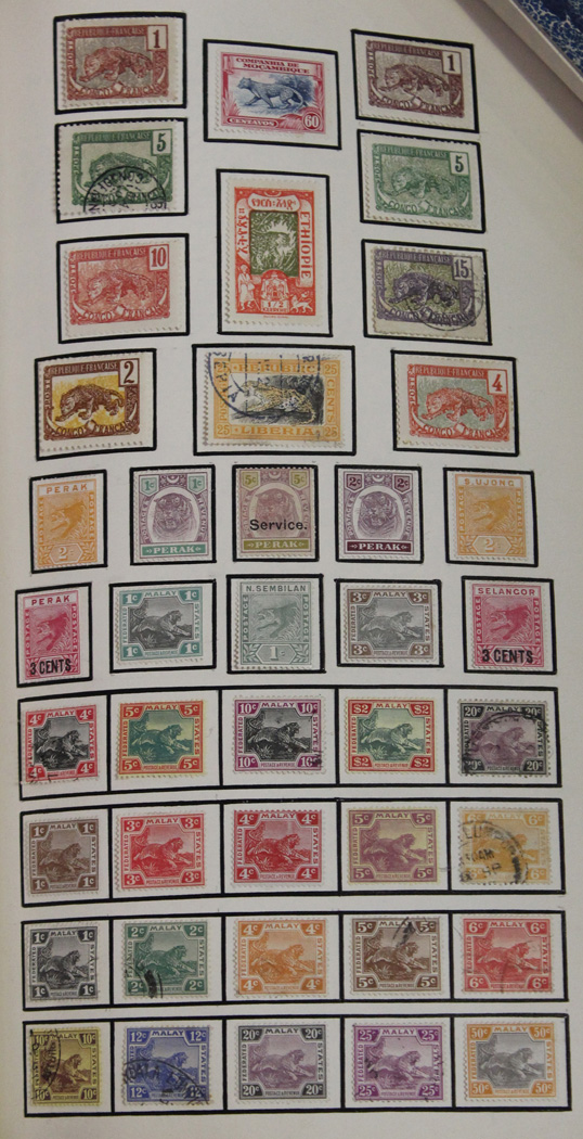 An album of world stamps collected by themes with animals and birds, including China, Japan and