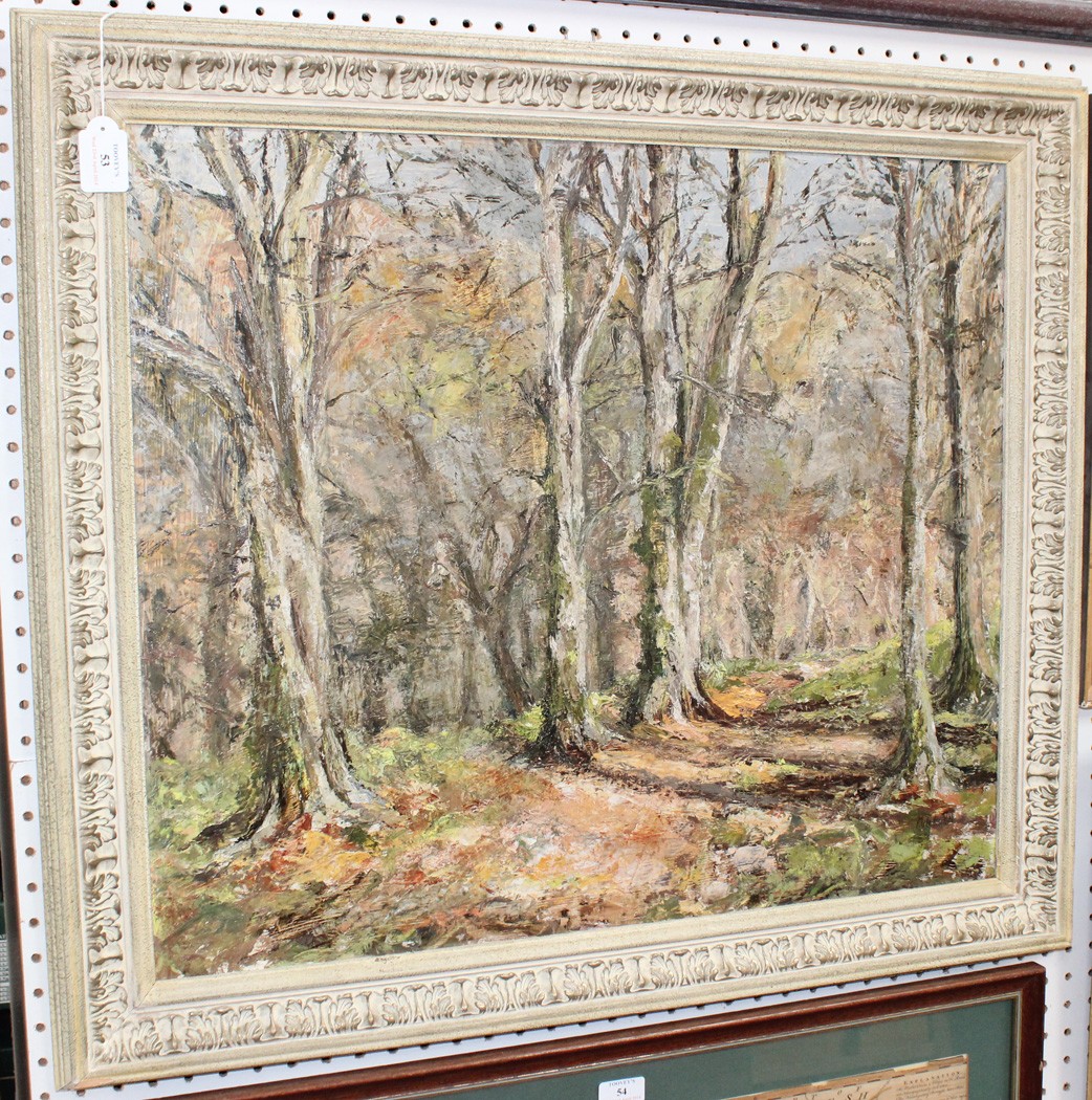 20th Century Russian School - View of a Woodland Path, oil on board, indistinctly signed, approx