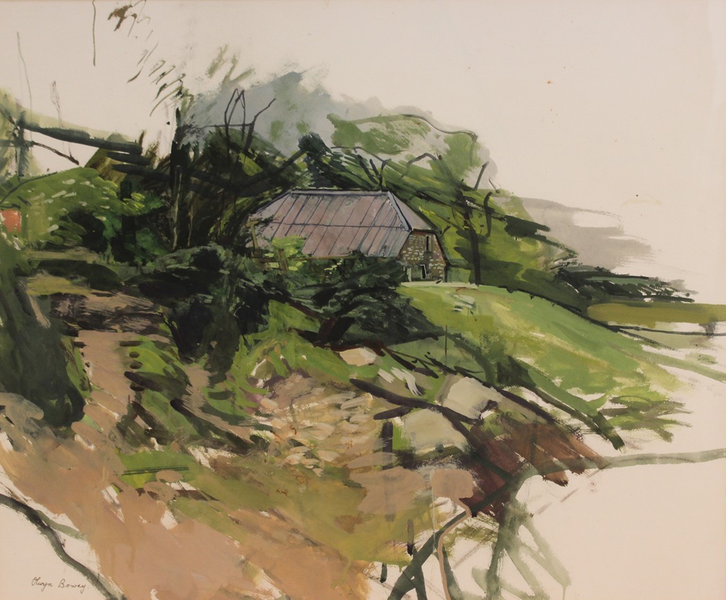 Olwyn Bowey - View of a Sussex Barn, watercolour and gouache, signed in pencil, approx 59cm x