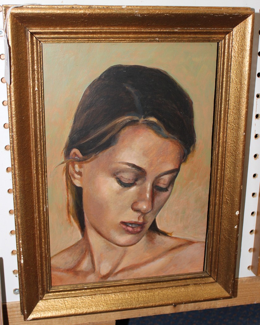 British School - Portrait of a Woman`s Head, mid-20th Century oil on board, approx 28cm x 19cm,