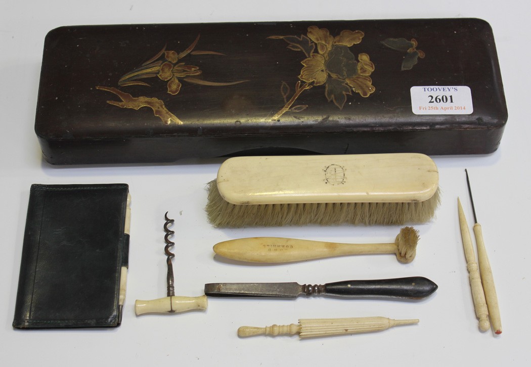 A Japanese lacquer rectangular box, a 19th Century bone handled corkscrew and a small group of other