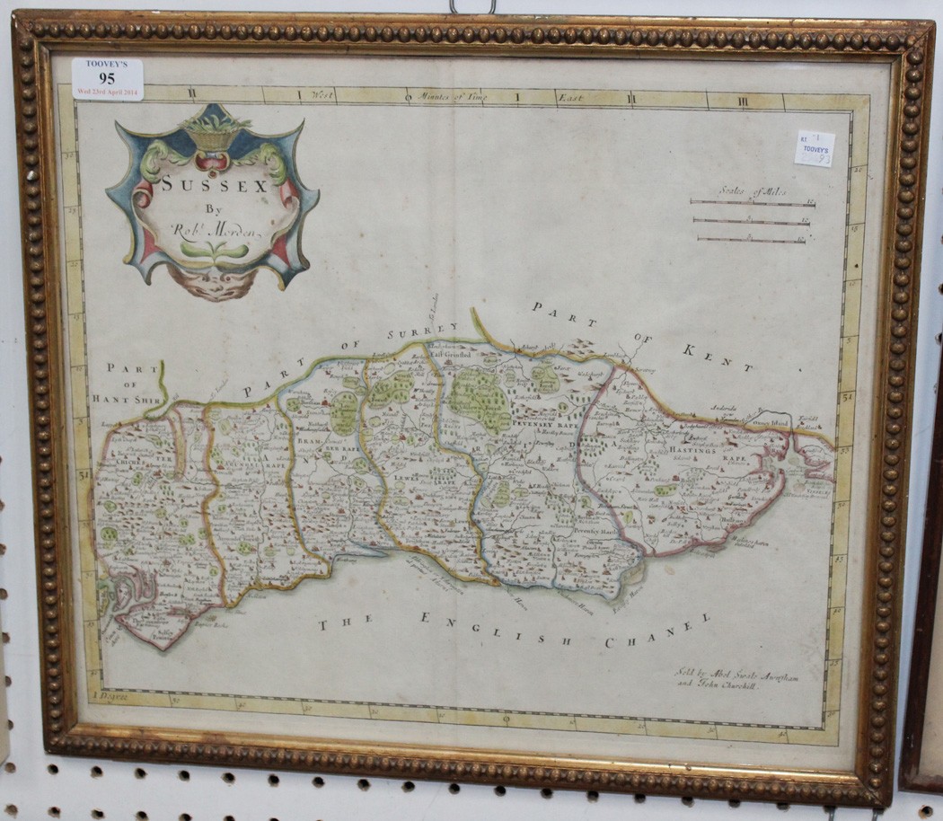 After Robert Morden - `Sussex` (Map of the County), early 18th Century engraving, hand-coloured in