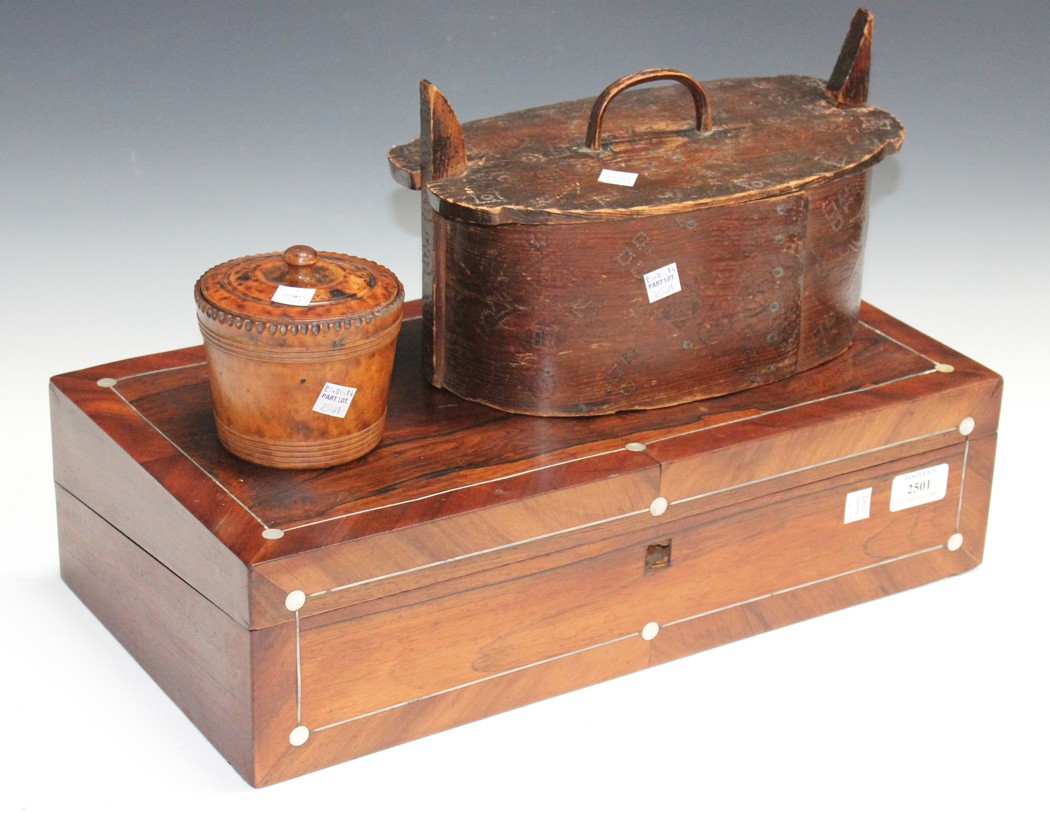 A Victorian rosewood writing slope with mother-of-pearl inlay, together with a Scandinavian oval box