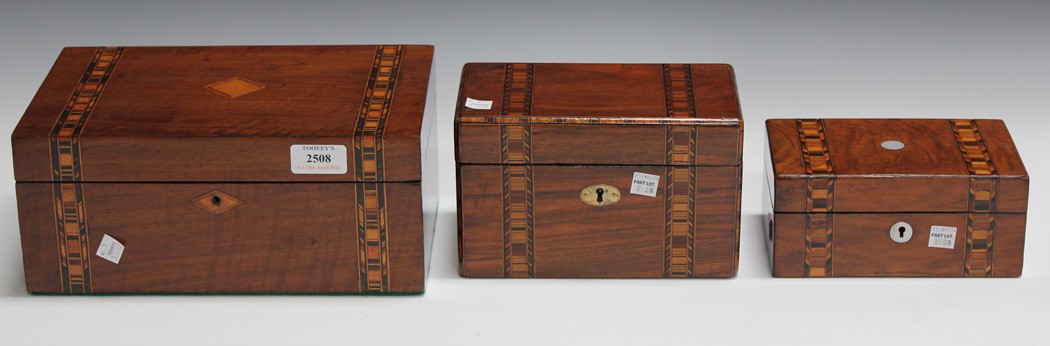 A group of three Victorian walnut boxes with Tunbridge ware style geometric banding.
