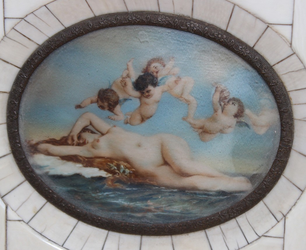 After Alexandre Cabanel - The Birth of Venus, overpainted photograph on ivory, approx 6.5cm x 8cm,