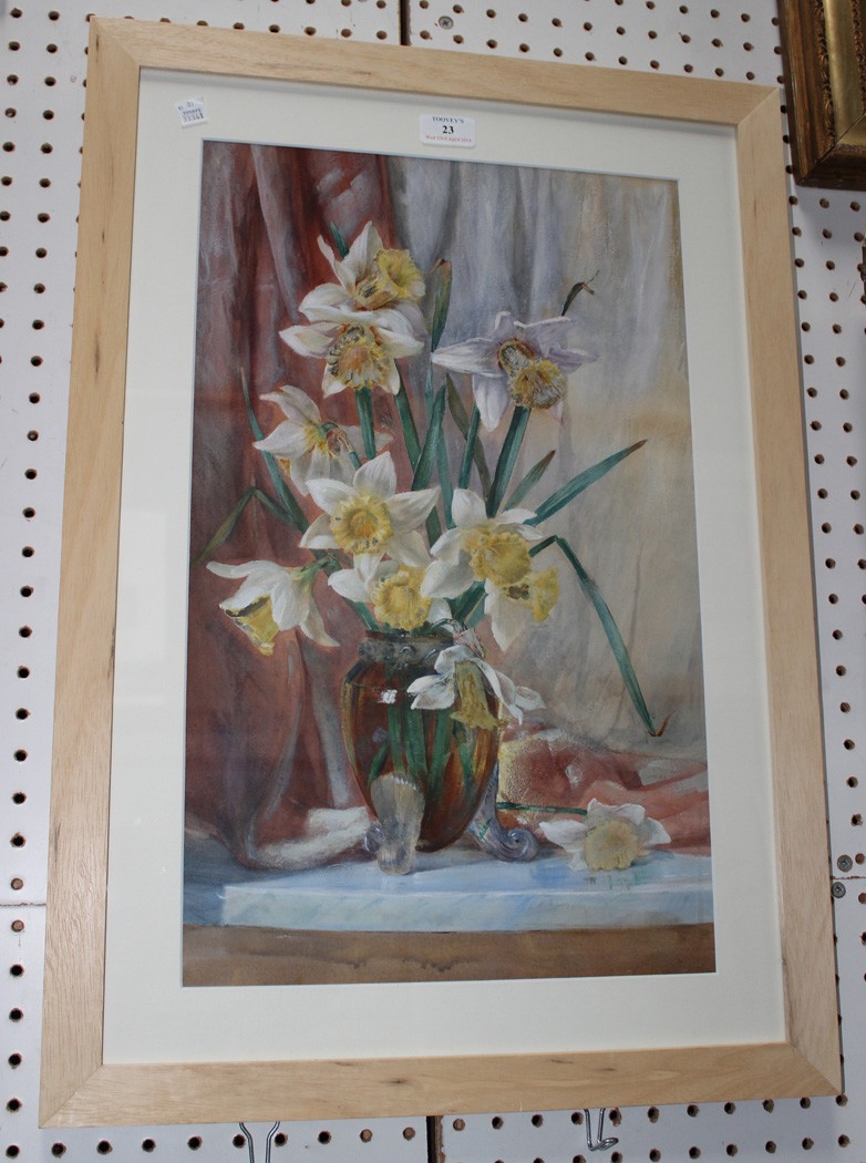 Early 20th Century British School - Still Life Study of Daffodils in a Glass Vase, watercolour, `E.