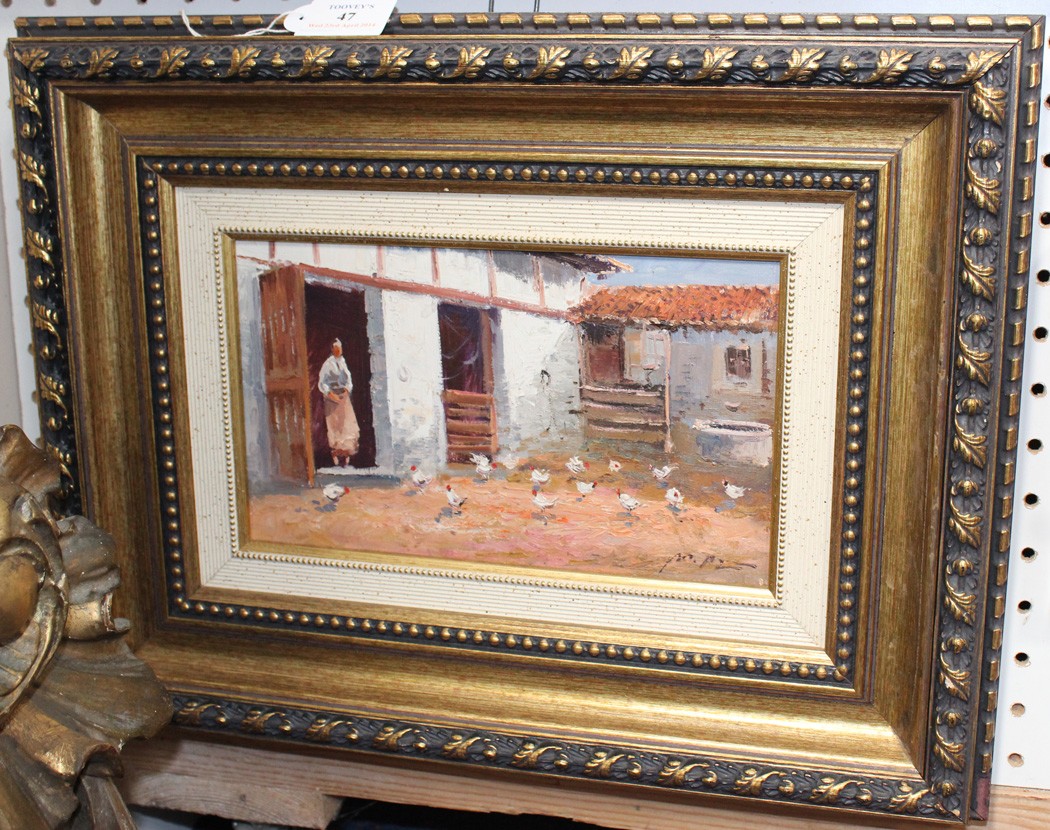 Late 20th Century Continental School - Figure feeding Hens in a Courtyard, oil on canvas,