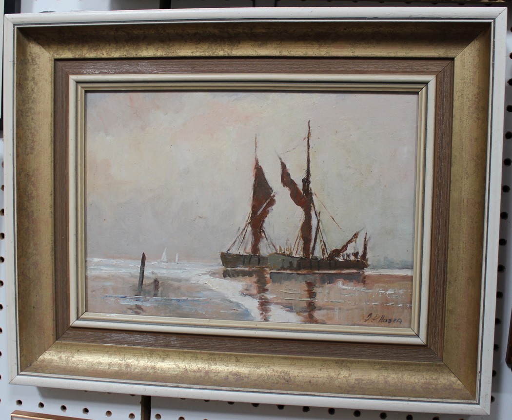 J.D. Hosea - `Barges, Evening Light on the Orwell`, 20th Century oil on board, signed recto,