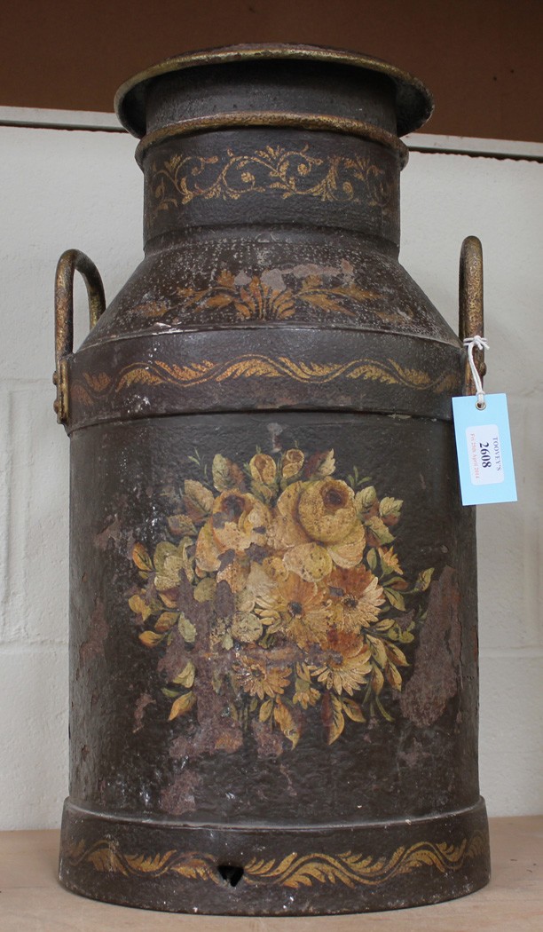 An early 20th Century milk churn, painted with floral sprays, height approx 55cm.