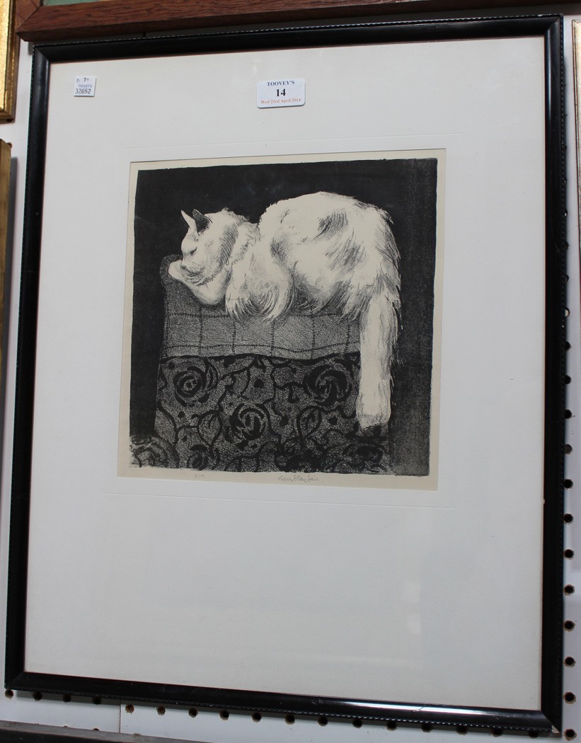 Playfair - Study of a Cat asleep on the Back of a Chair, lithograph, signed in pencil, approx 25cm x
