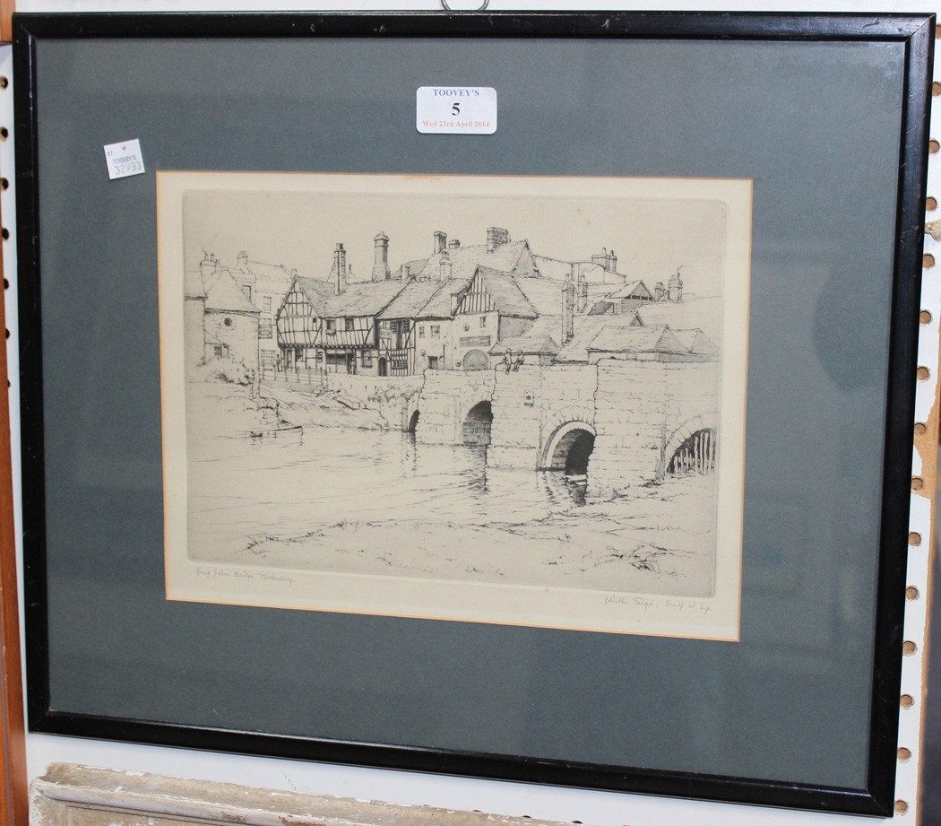 E. Willis Paige - `King John`s Bridge, Tewkesbury`, monochrome etching, signed and titled in pencil,