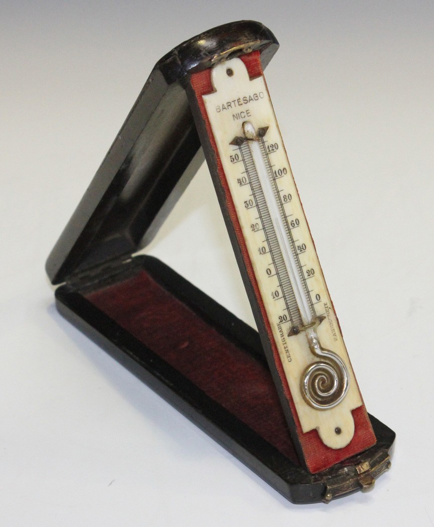 A late 19th Century French mahogany cased pocket thermometer, the ivory scale marked `Bartesago,