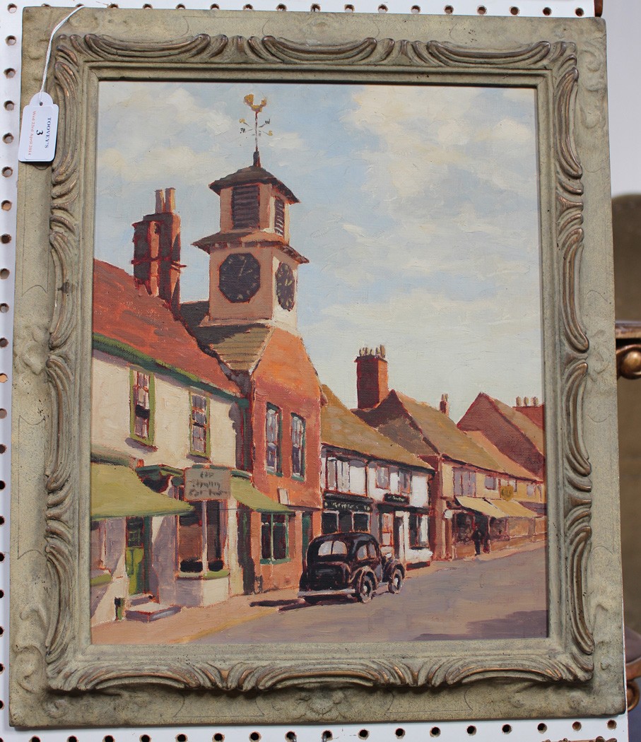 Bill Briggs - View of the Clock Tower, Steyning, 20th Century oil on board, inscribed verso,