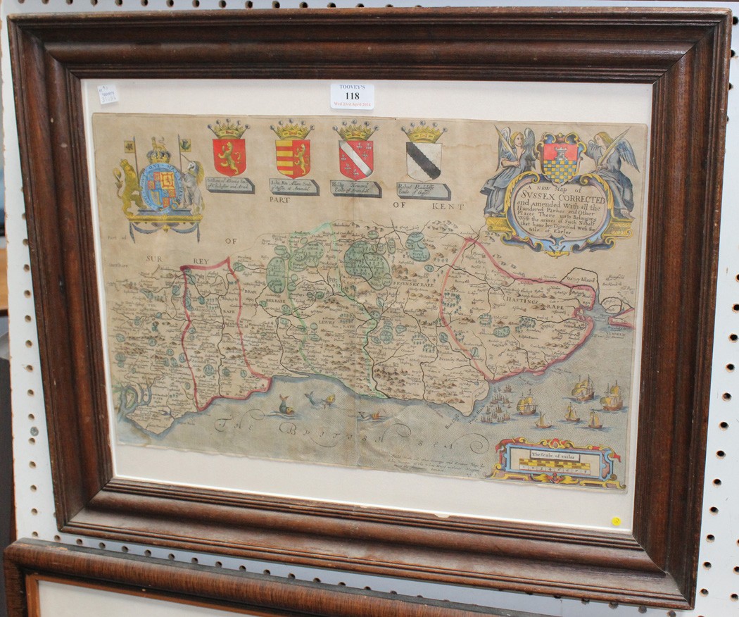 John Overton - `A New Map of Sussex Corrected`, early 18th Century engraving with later colour,